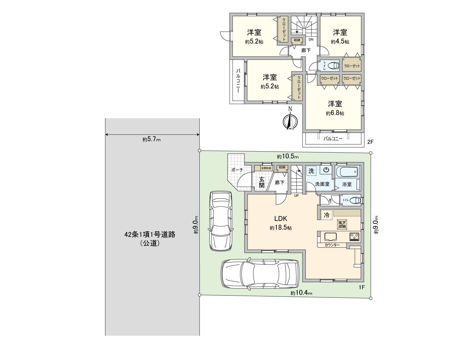 [平面圖]4LDK、新建透天房。有停車位2台分鐘　※依靠車型