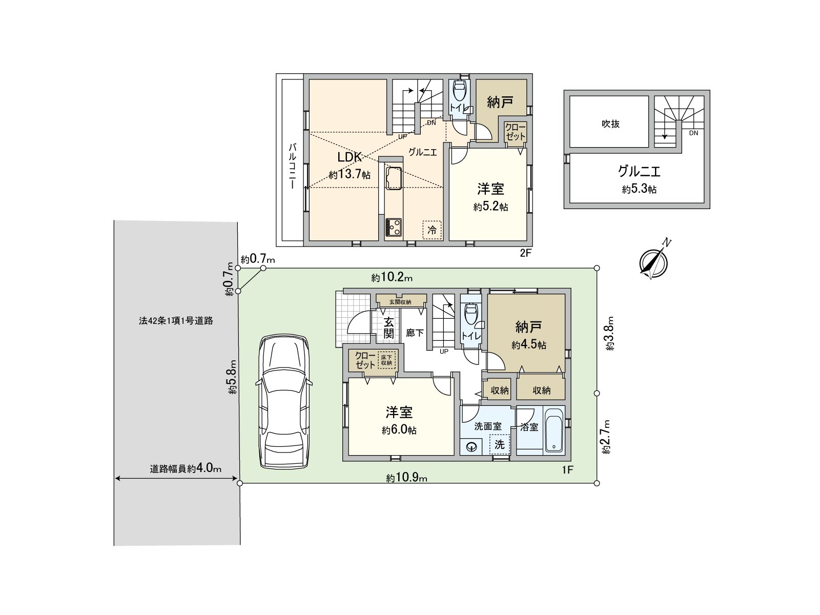 [平面圖]土地面積72.12平方公尺，建築面積76.14大米的2SLDK