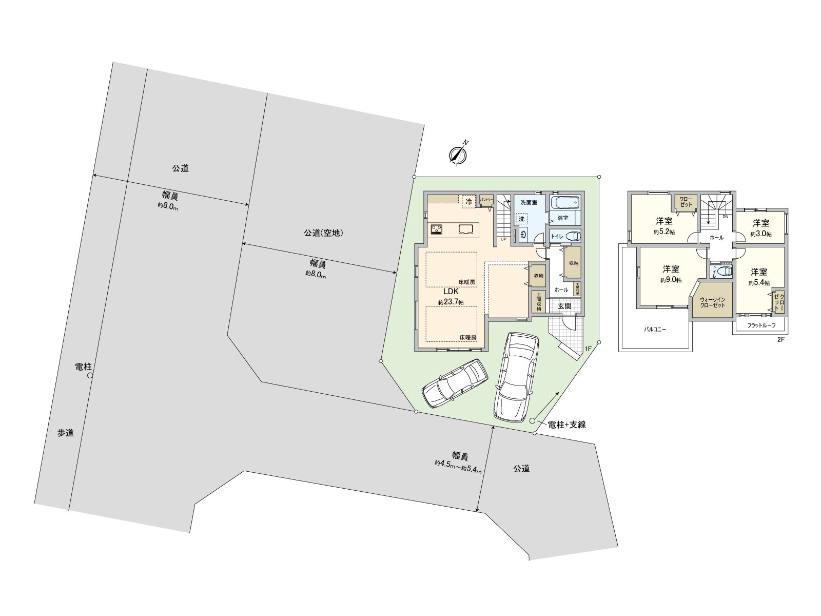 [房型图]为东南、西南角地有开放感觉。※西侧的空地是城市规划道路用地。