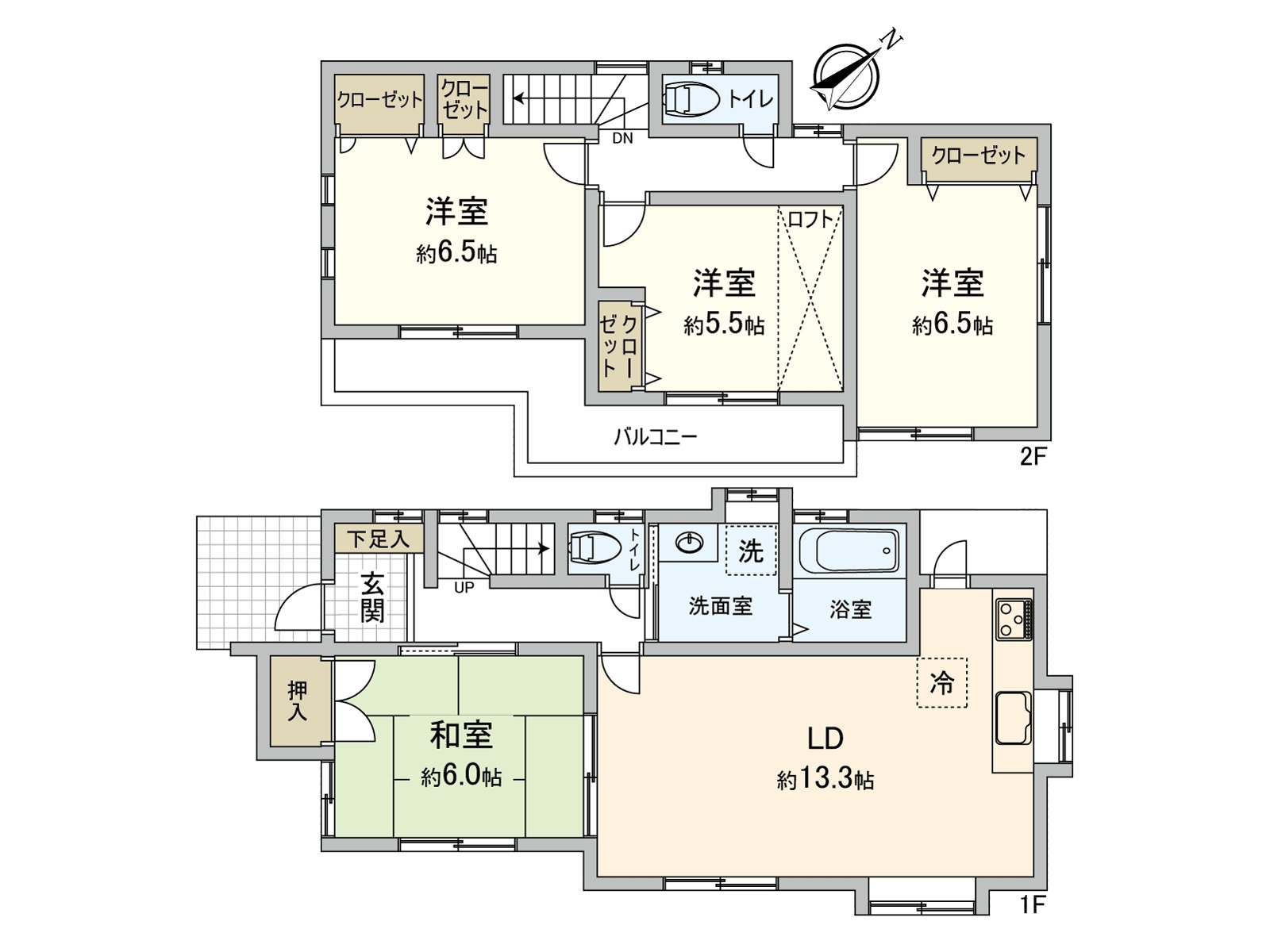 1st is the continuance of LD about 13.3 quires + 6-tatami Japanese-style room. As for the 2nd floor, storing is all with three Western-style rooms (5.5 quires of +6.5 quire X 2).