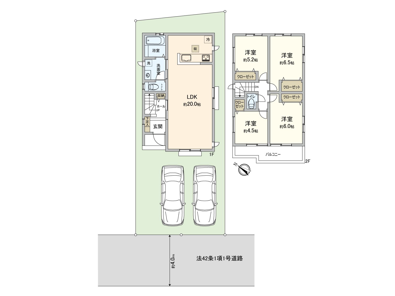 [floor plan] The Newly-Built Detached House facing the Southwest road. Two parking is possible　※Depending on car type