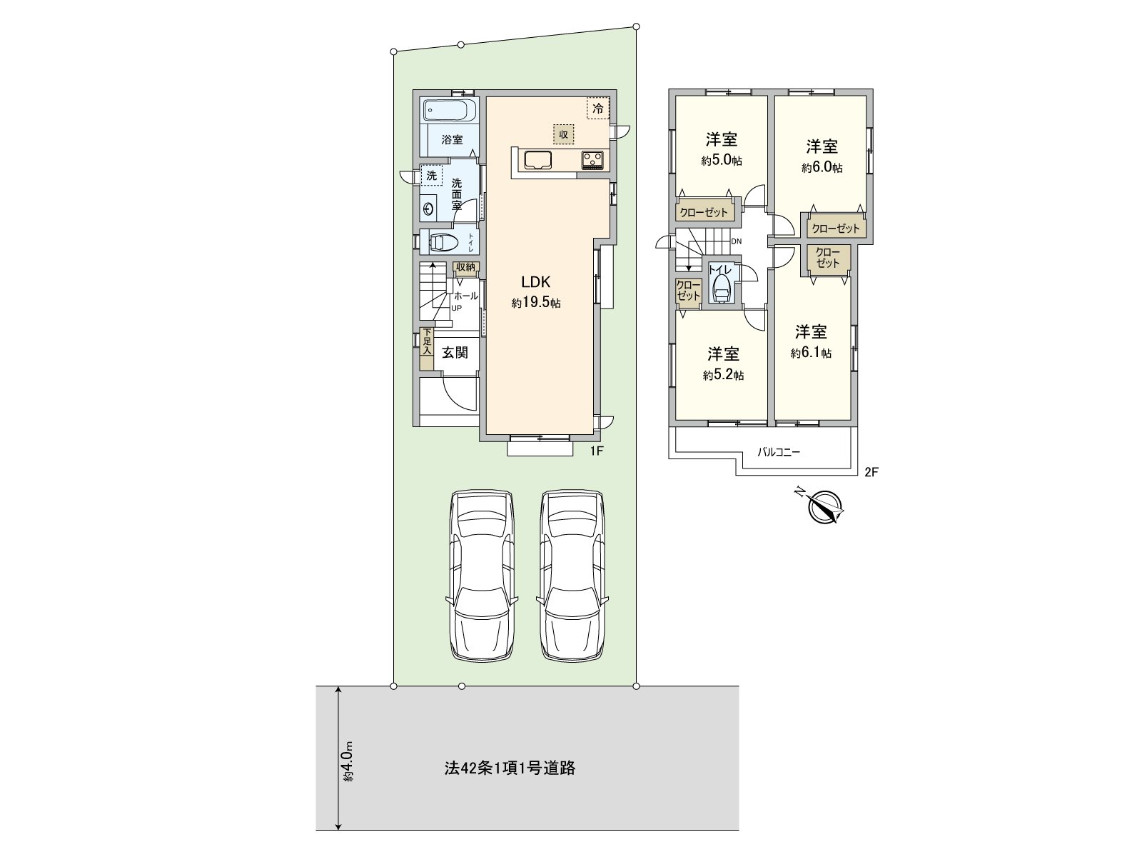 [平面圖]在閒靜的住宅區佇立的新建透天房。可以停車2台　※依靠車型