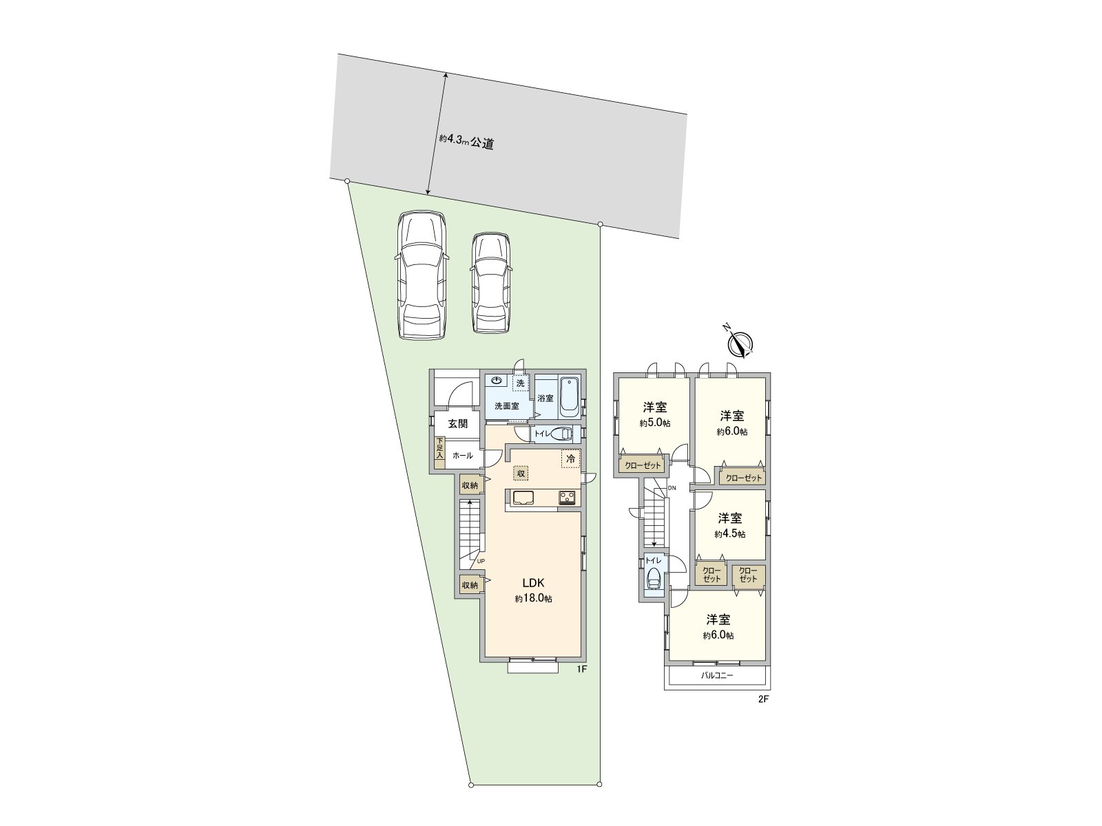 [平面圖]可停車位並列2台　※依靠車型