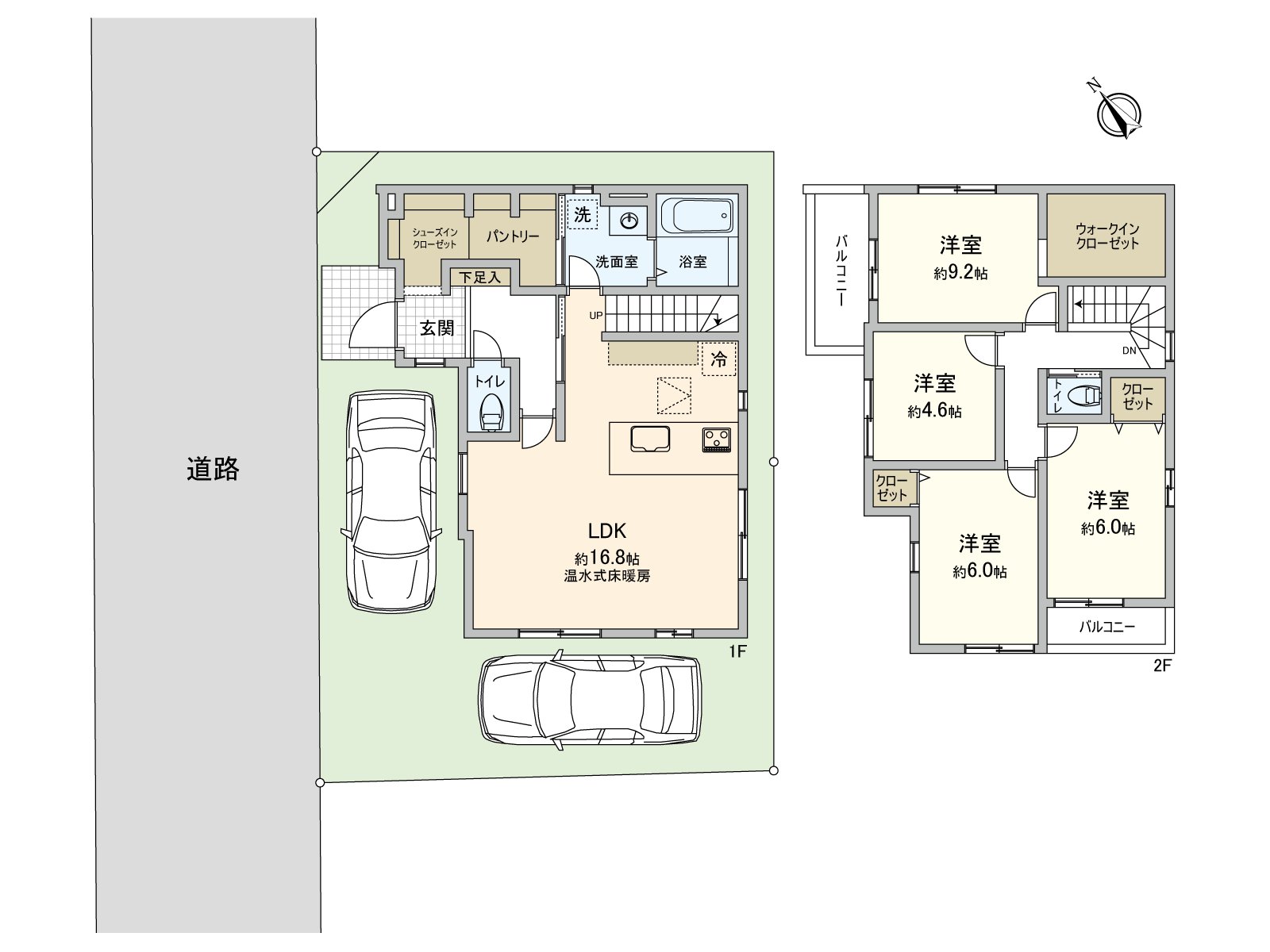 [平面圖]收納豐富的4LDK新建透天房。可以停車2台。※依靠車型