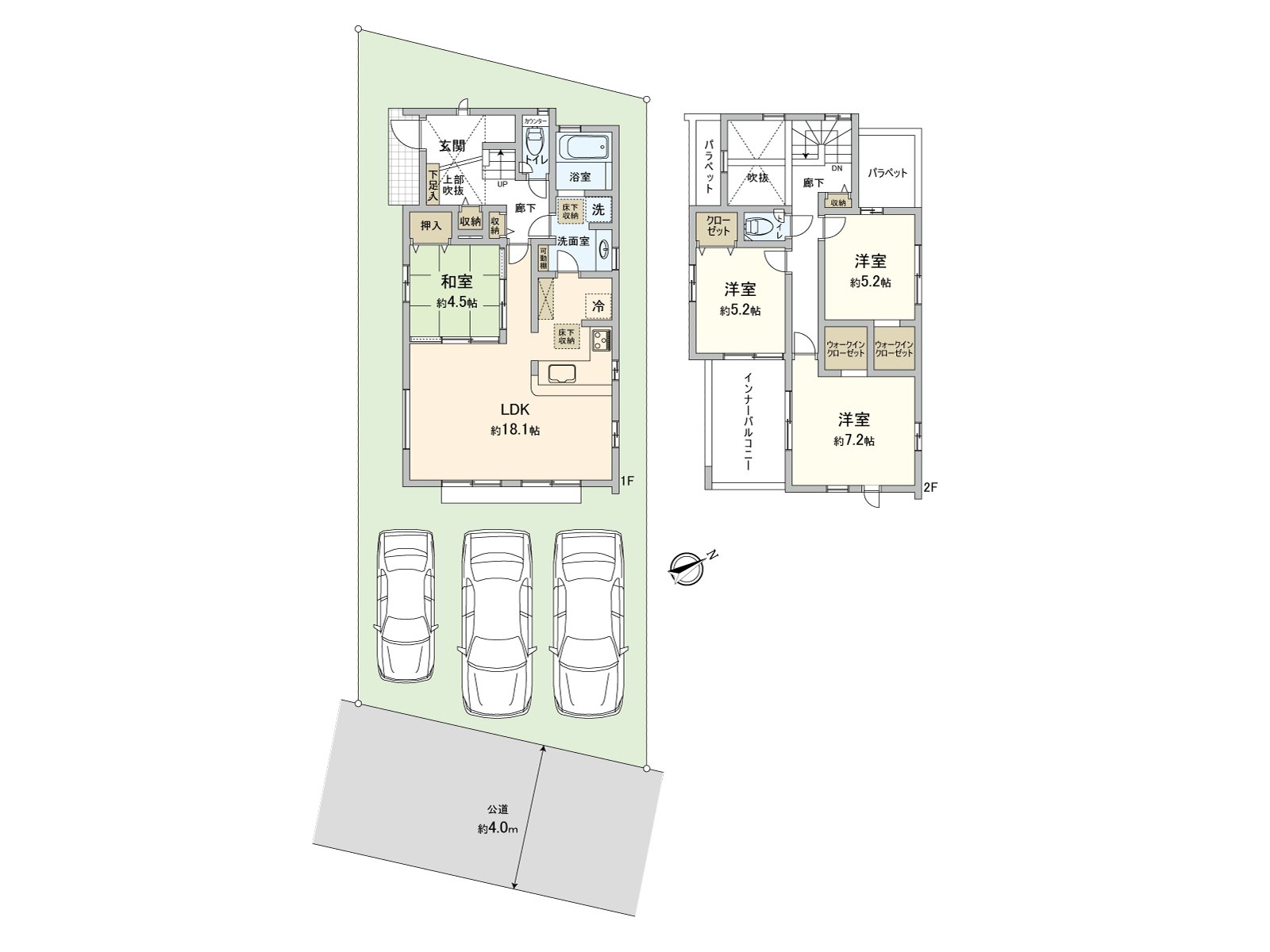 [平面圖]可以停車3台的新建透天房。有停車位3台分鐘。※依靠車型