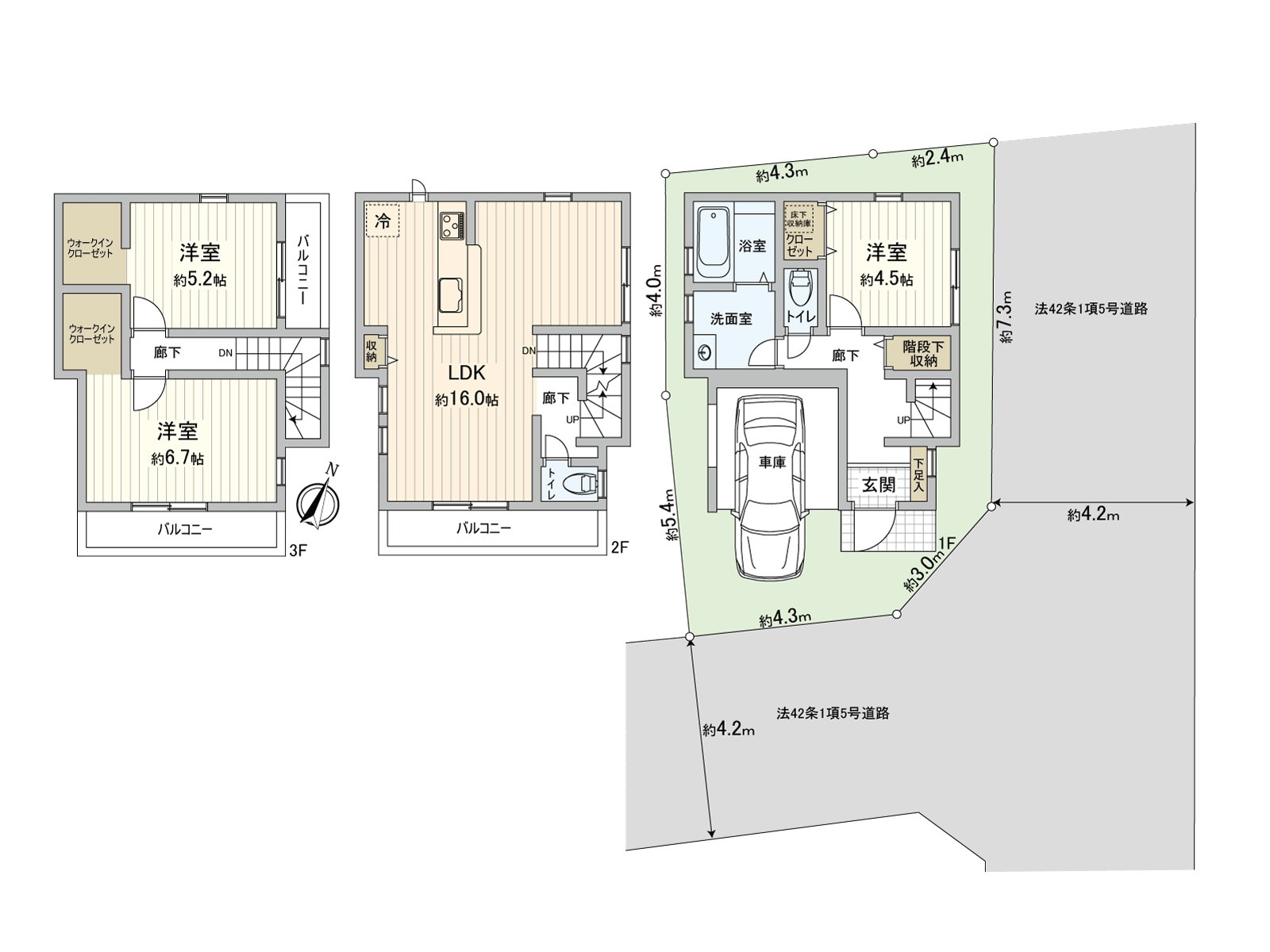 [floor plan] The sunshine is good for Southeast, a Northeast corner lot. It is 3-story bldg., Newly-Built Detached House.