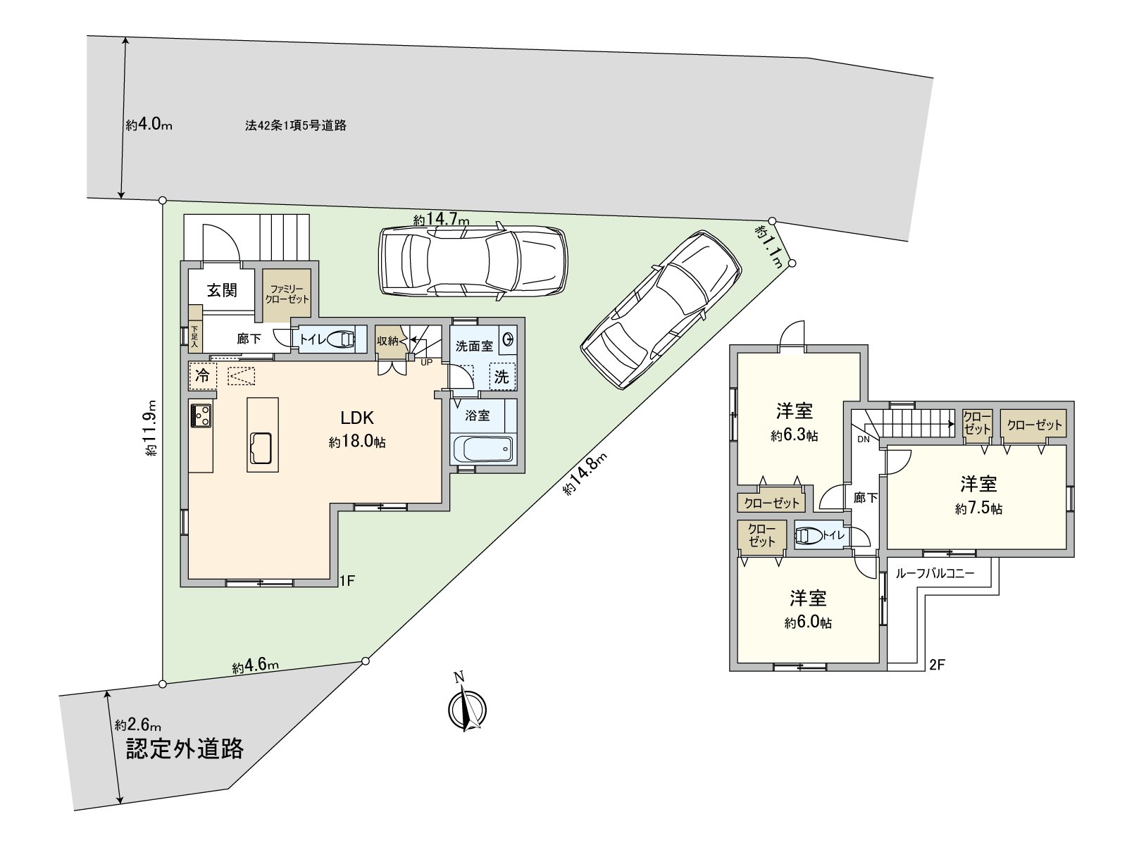 [平面圖]日照為兩面道路良好。停車2台是可以的新建透天房　※依靠車型
