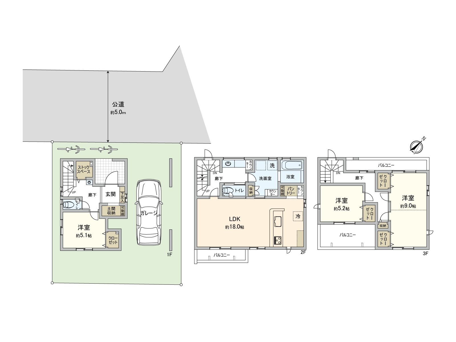 [floor plan] Newly-Built Detached House of 3-story bldg., the 3LDK.