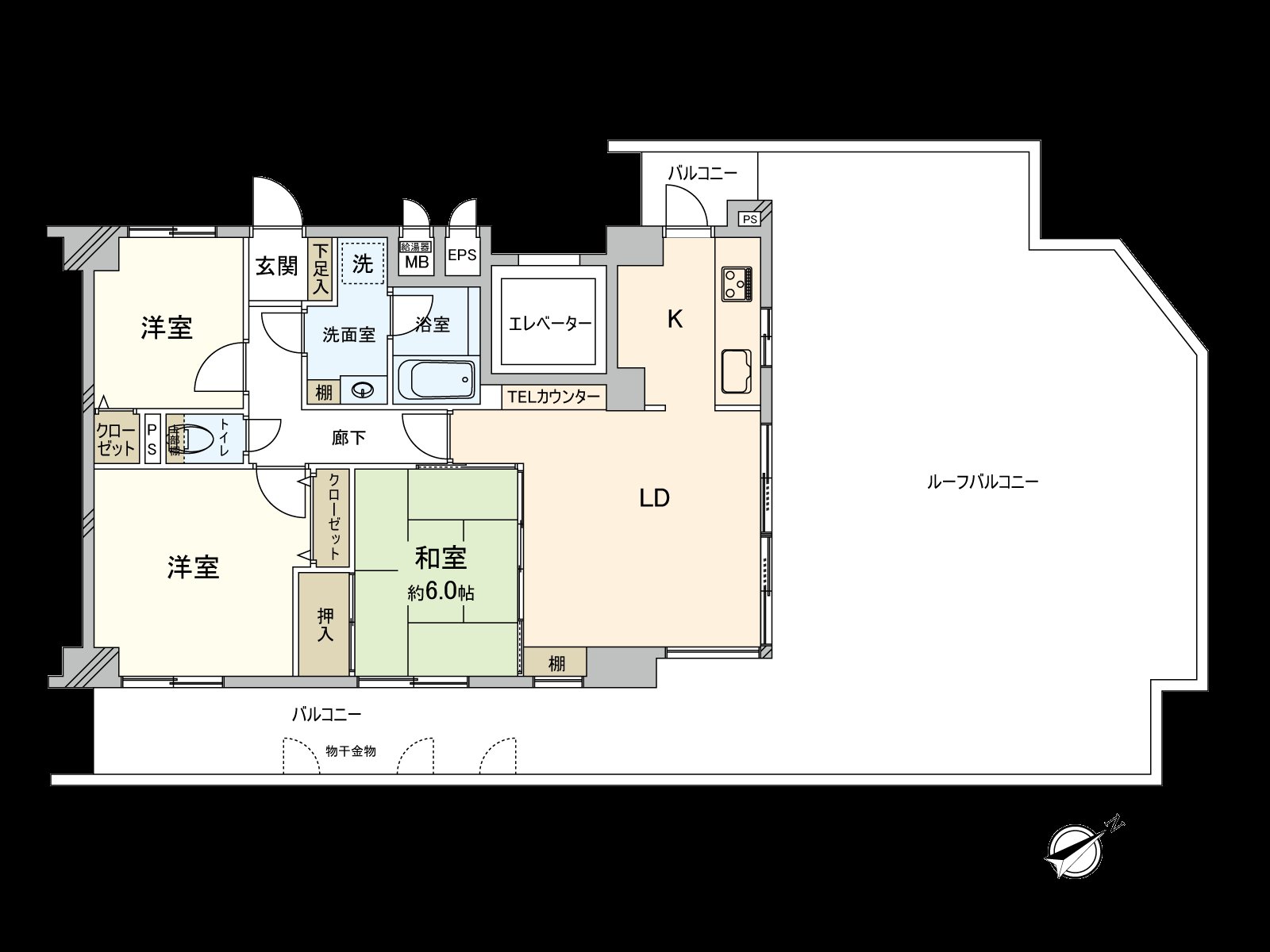 实际使用面积71.10平米，3LDK阳台面积14.91平米屋顶阳台面积41.95+13.58平米