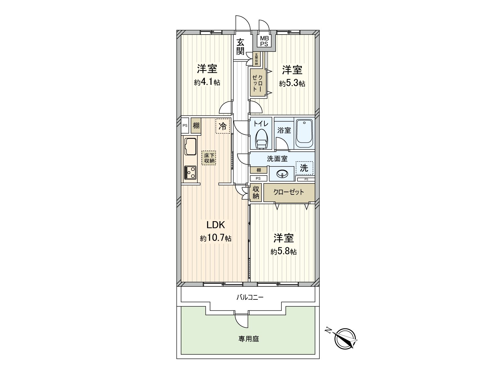 [平面圖]1樓部分、有專用院子的房間。在2026年1月翻新，完成了。