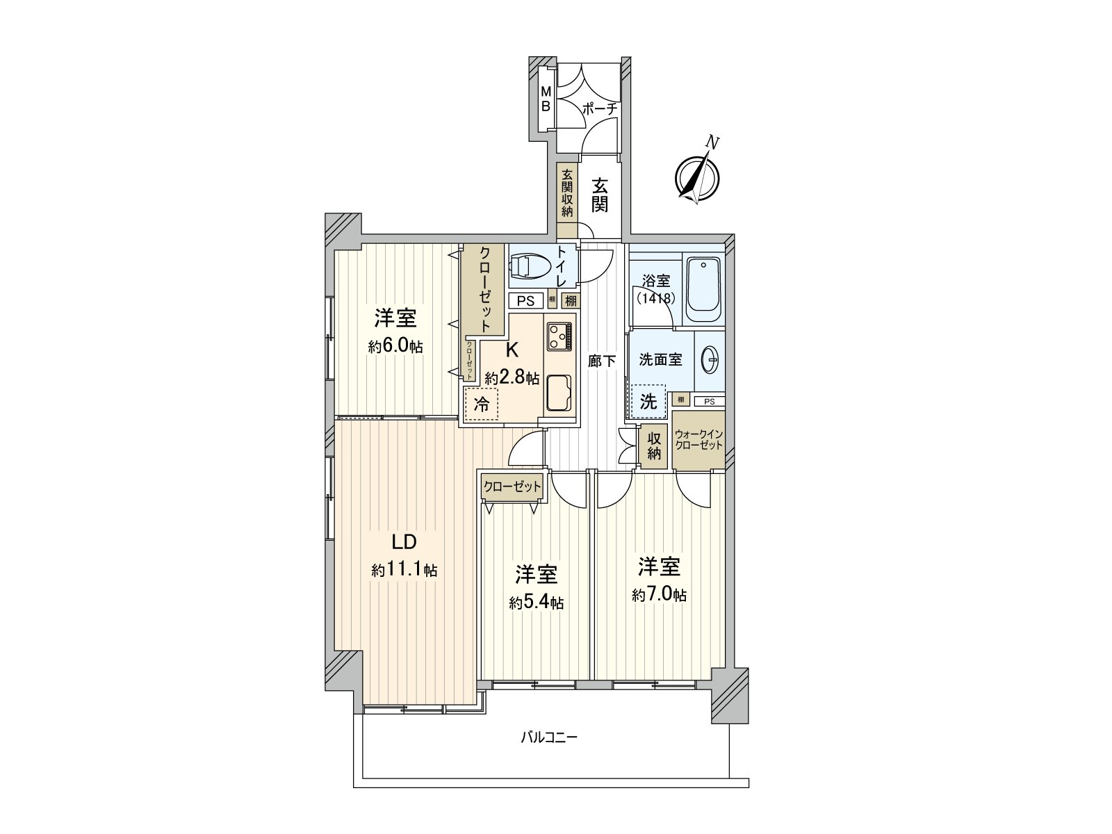 [floor plan] A 74 square meters, 2nd floor part, 3LDK. It is an all rooms corner unit dwelling unit with lighting.