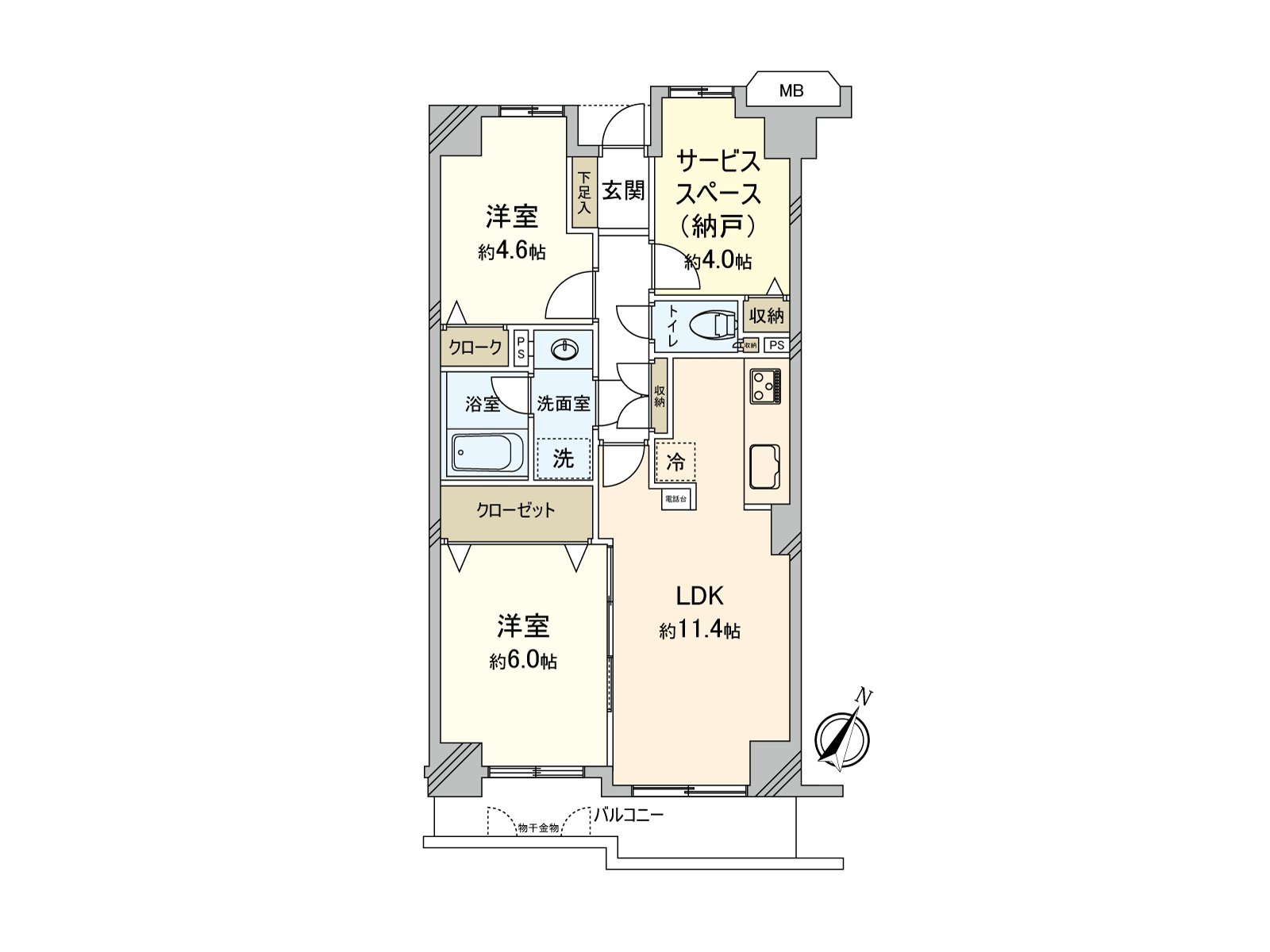 [平面圖]4樓部分、2SLDK。是有全居室收納的朝南的房間。