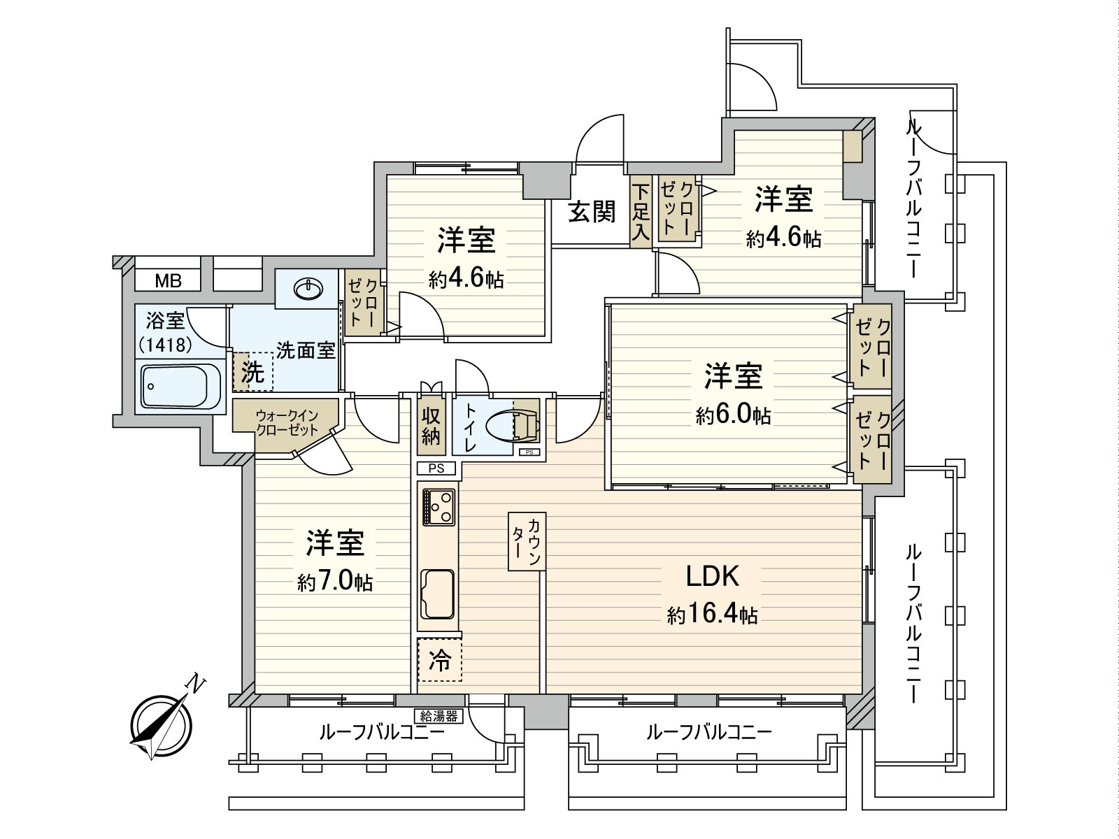 [平面圖]私人使用面積：約87平方公尺的4LDK。在陽台，有約20平米。