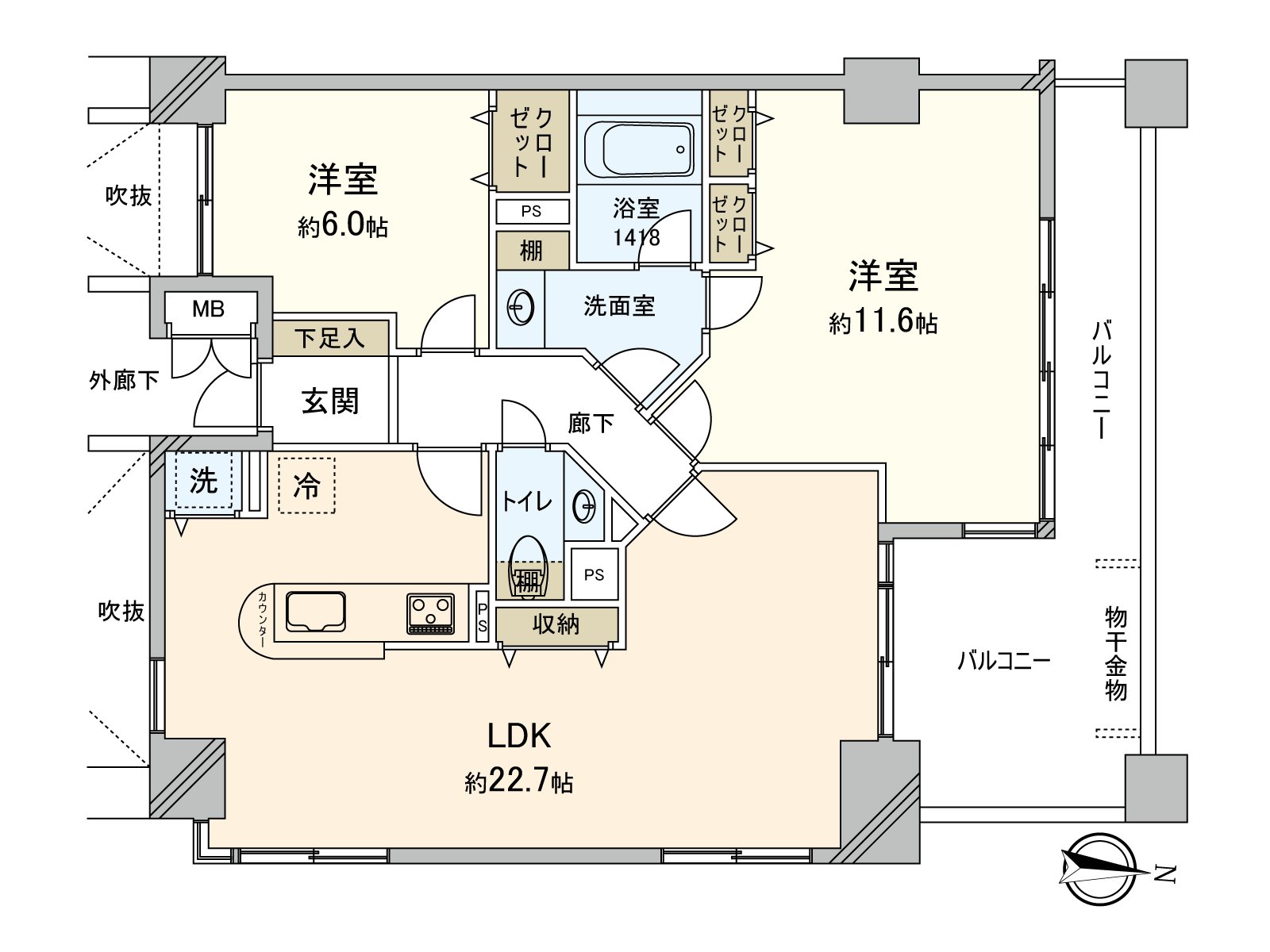是面向約22.7張塌塌米LDK，東南的邊間。