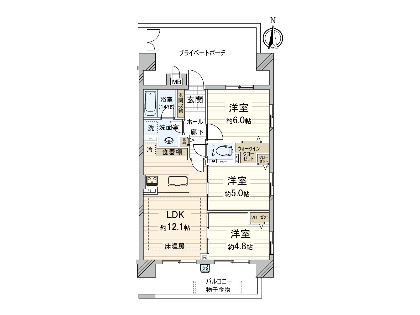 3LDK of 61.03 square meters of exclusive area. Exposure to the sun is good because of the southeast Corner Unit.