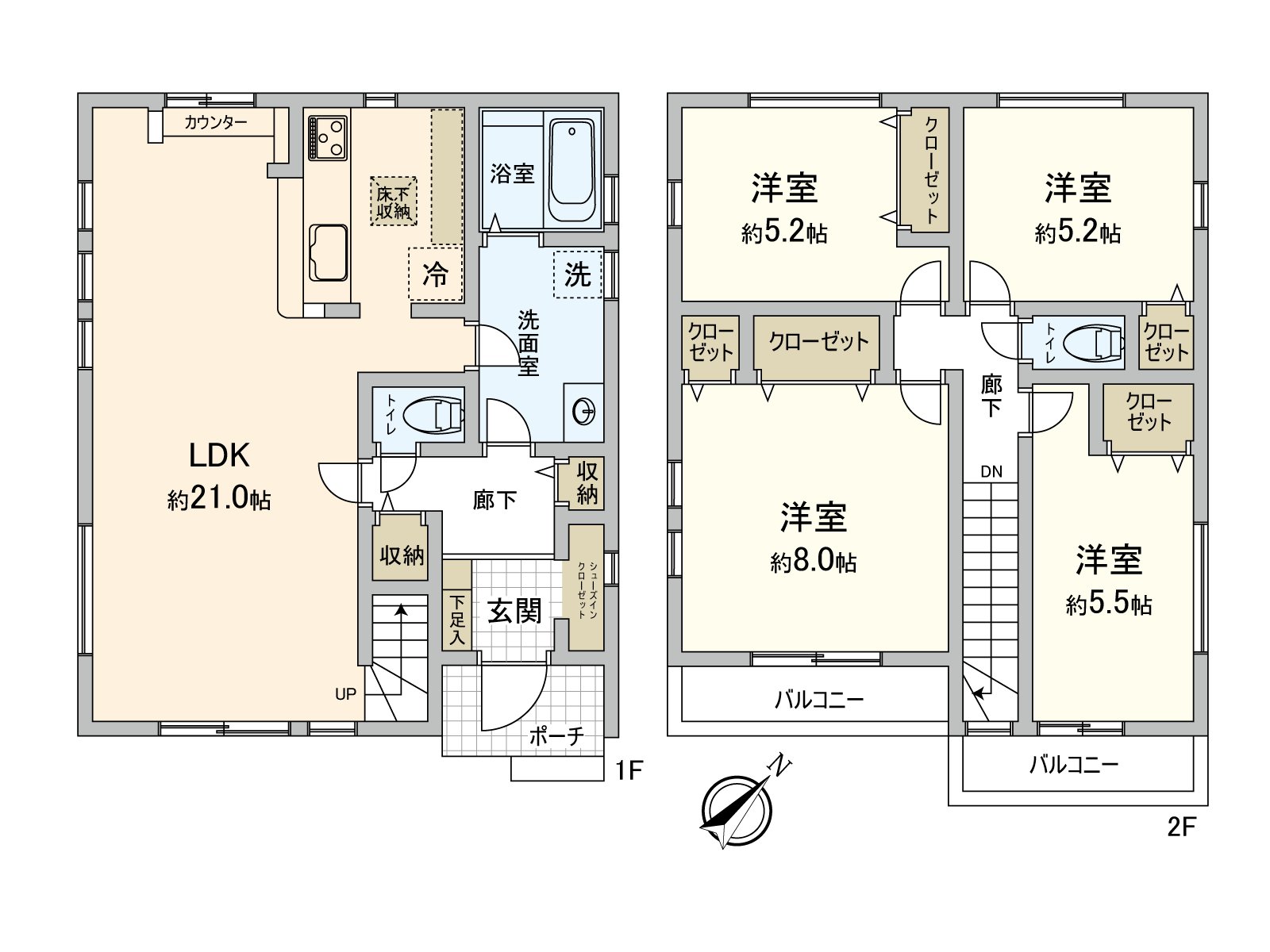 [戶型平面圖]建築面積106.40平方公尺土地面積124.65平方公尺的4LDK的新建透天房。JR橫濱線"町田"車站步行19分鐘。小田急小田原線"相模大野"車站步行22分鐘。關於全居室2面采光，采光、通風良好。