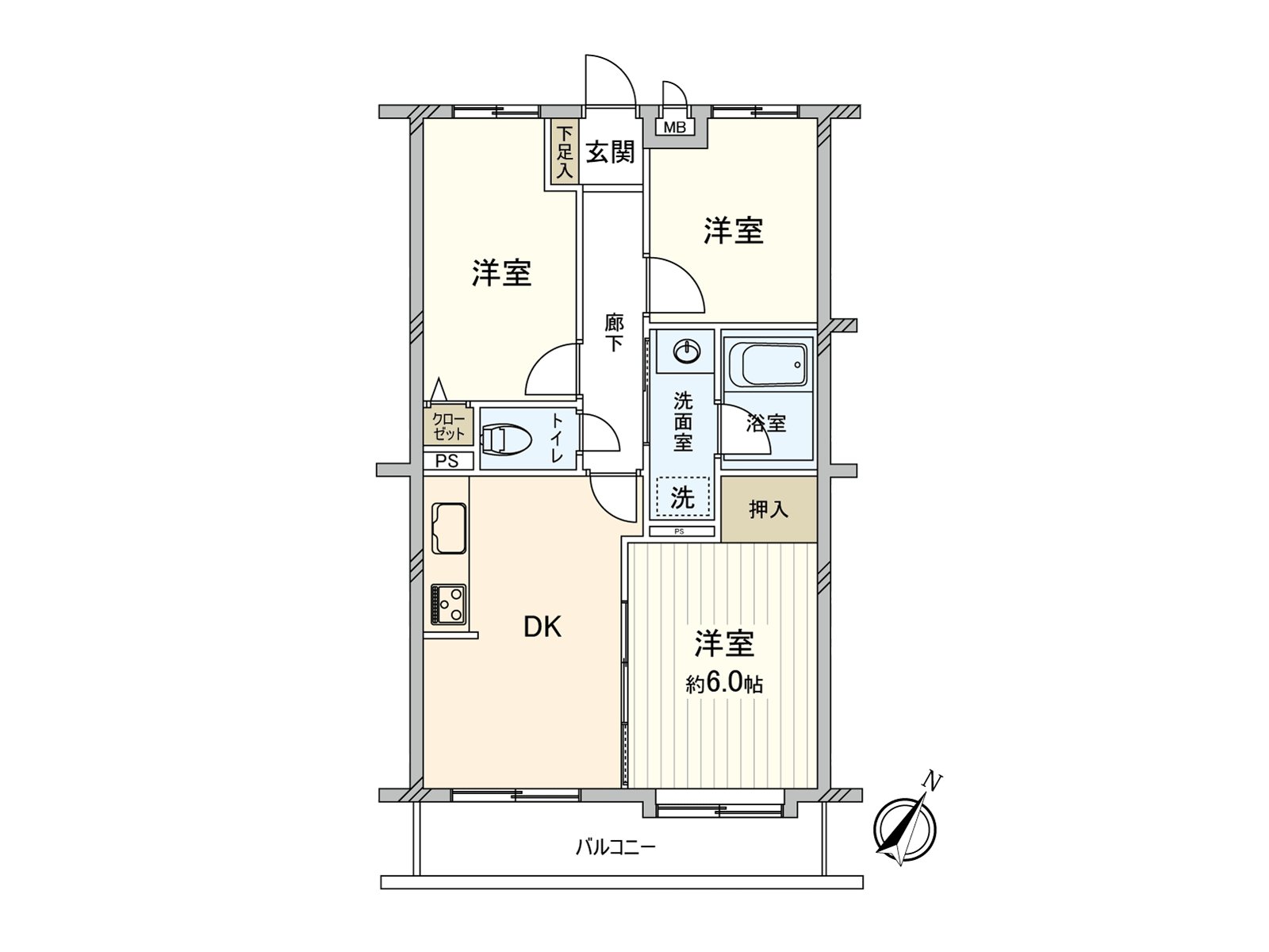 5层的5楼部分朝南3DK的房型。