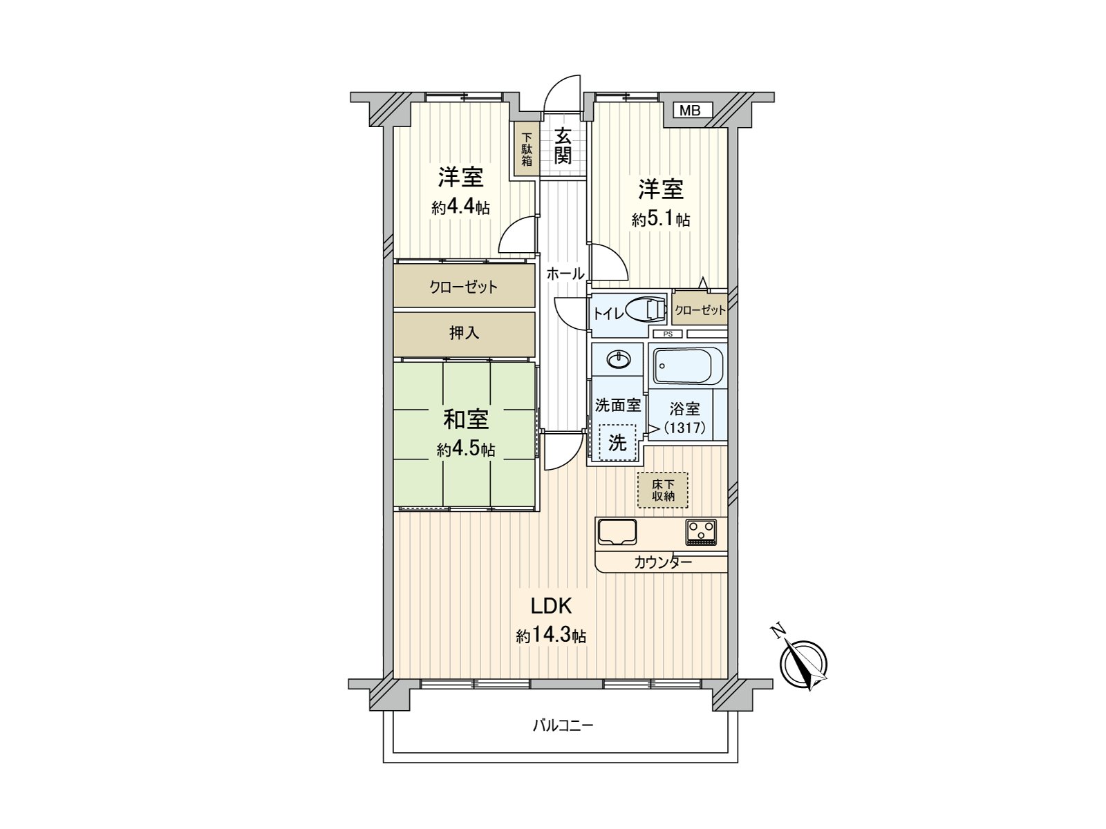 約14.3張塌塌米LDK的朝南西3LDK
