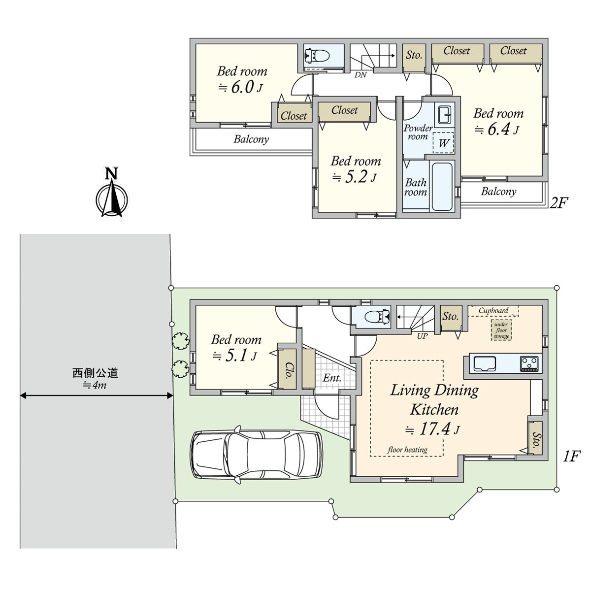 Plan of 4LDK of about 94.40 square meters of total floor area.