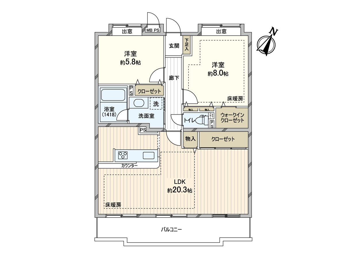 Plan of 2LDK of about 77.28 square meters of exclusive area.