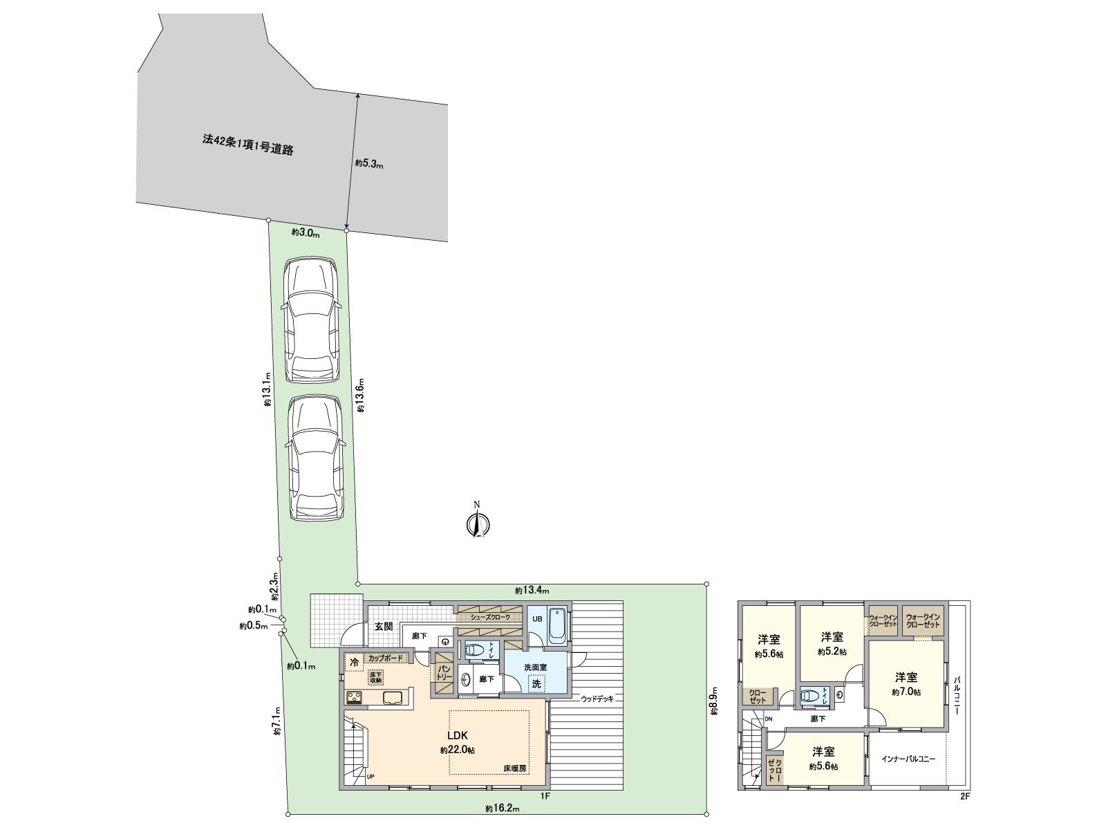 [平面圖]從屬於在約22張塌塌米LDK繼續的木材甲板并且汽車空間2台分鐘