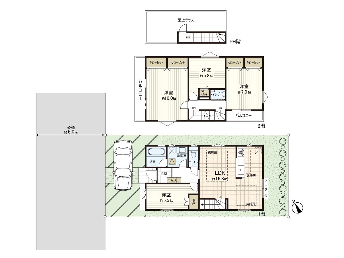 4LDK with the plottage 111.09 square meters (about 33.60 tsubo) Total floor area 108.88 square meters (about 32.93 tsubo) roof Terrace