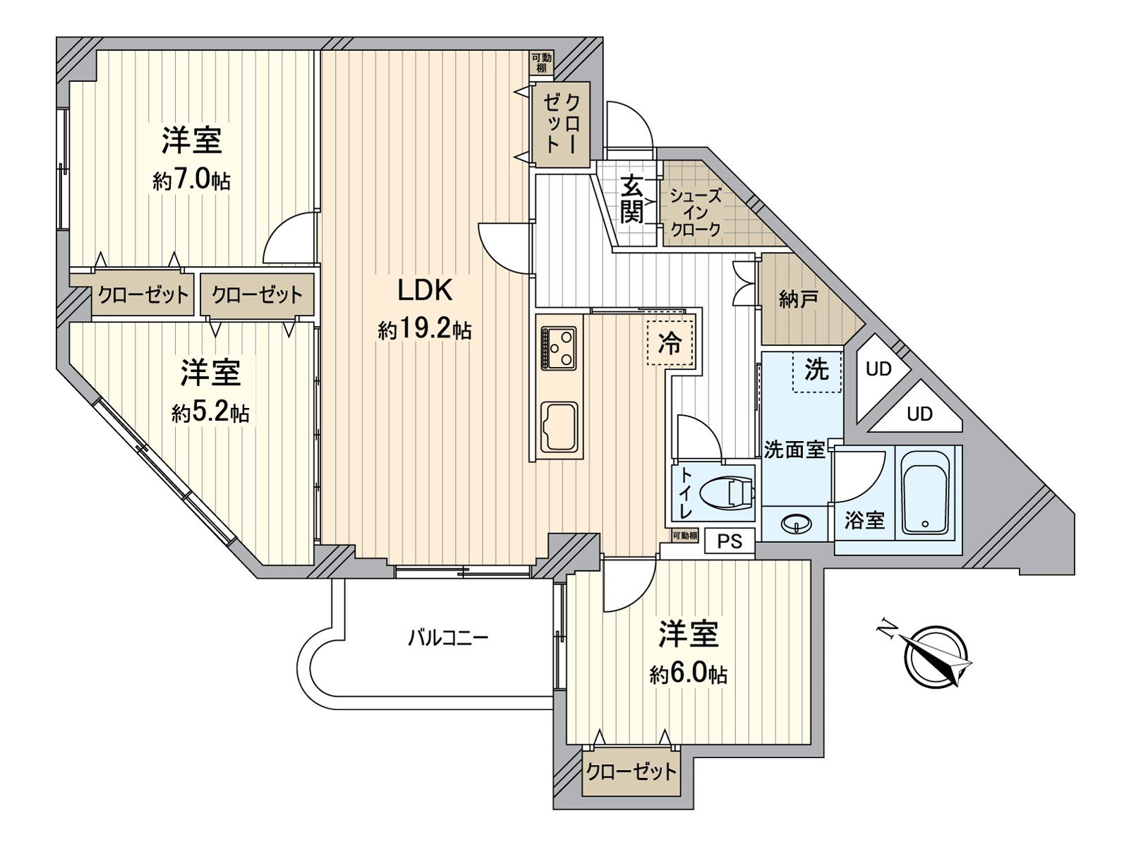 [房型图]实际使用面积89.74平米的3LDK