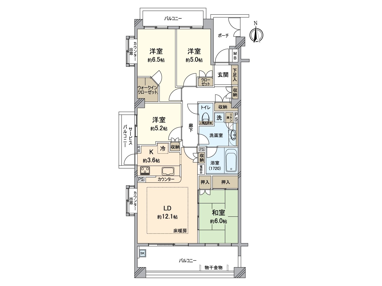 [户型平面图]南、西、北的3方向房间。实际使用面积89.66平米的4LDK。是有株式会社丸红开发并分售防盗门的公寓。
