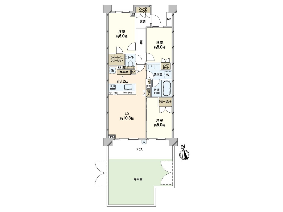 [户型平面图]是有3LDK+专用的院子的居住空间