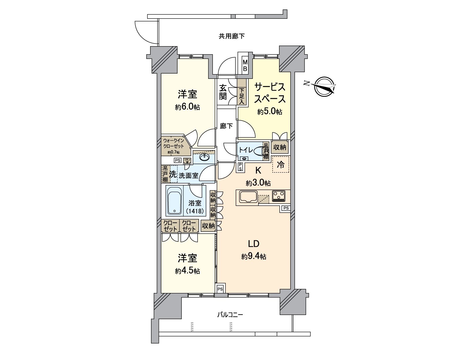 [平面圖]是2SLDK+WIC的平面圖。私人使用面積62.58平方公尺+陽台10.99平方公尺