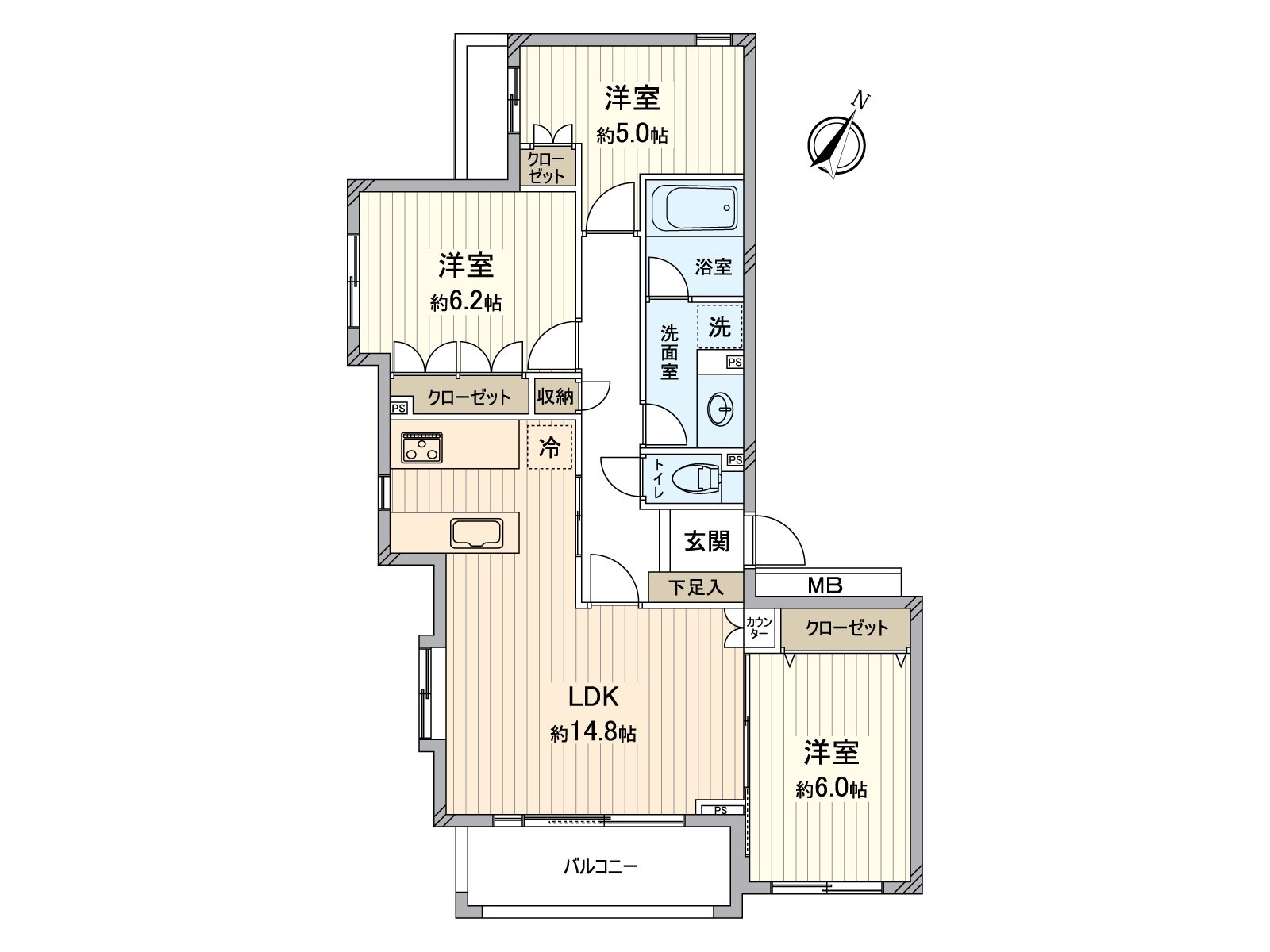 [房型图]75.25平方米的宽松的3LDK。