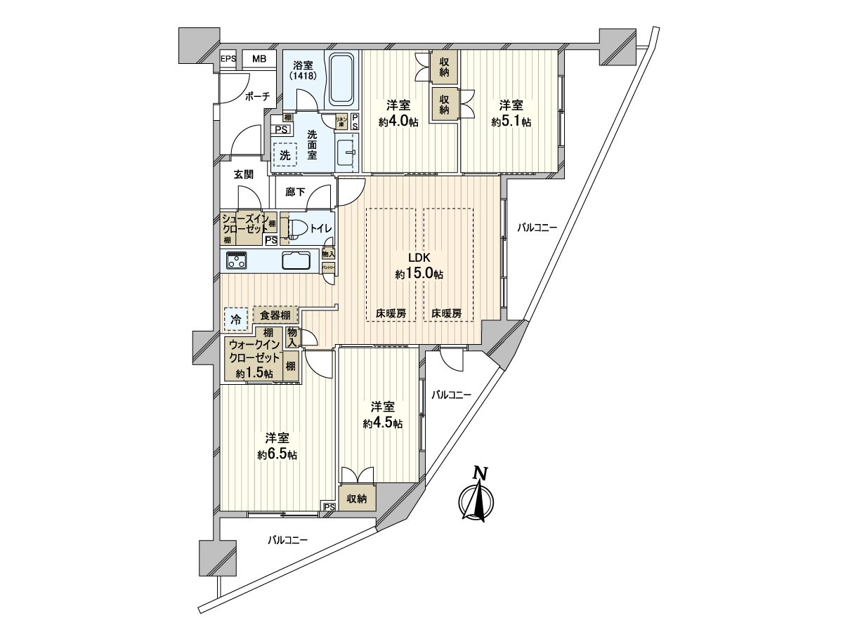 ◆私人使用面積75.9平方公尺4LDK◆面向南、東面的角部屋住戸