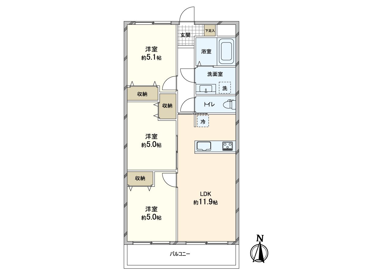 ◆3LDK　◆实际使用面积61.60平米　◆阳台面积6.57平米