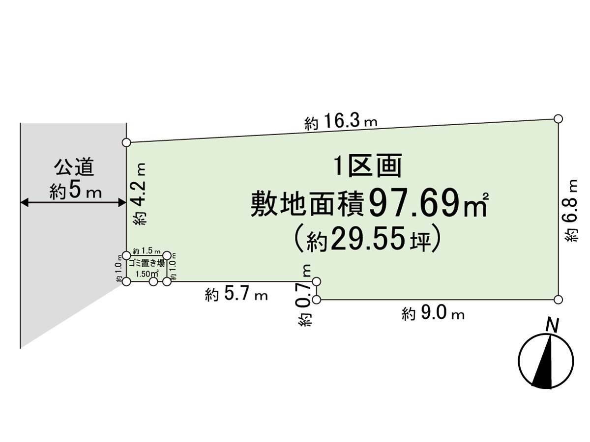 97.69 square meters of plottage (about 29.55 tsubo)
