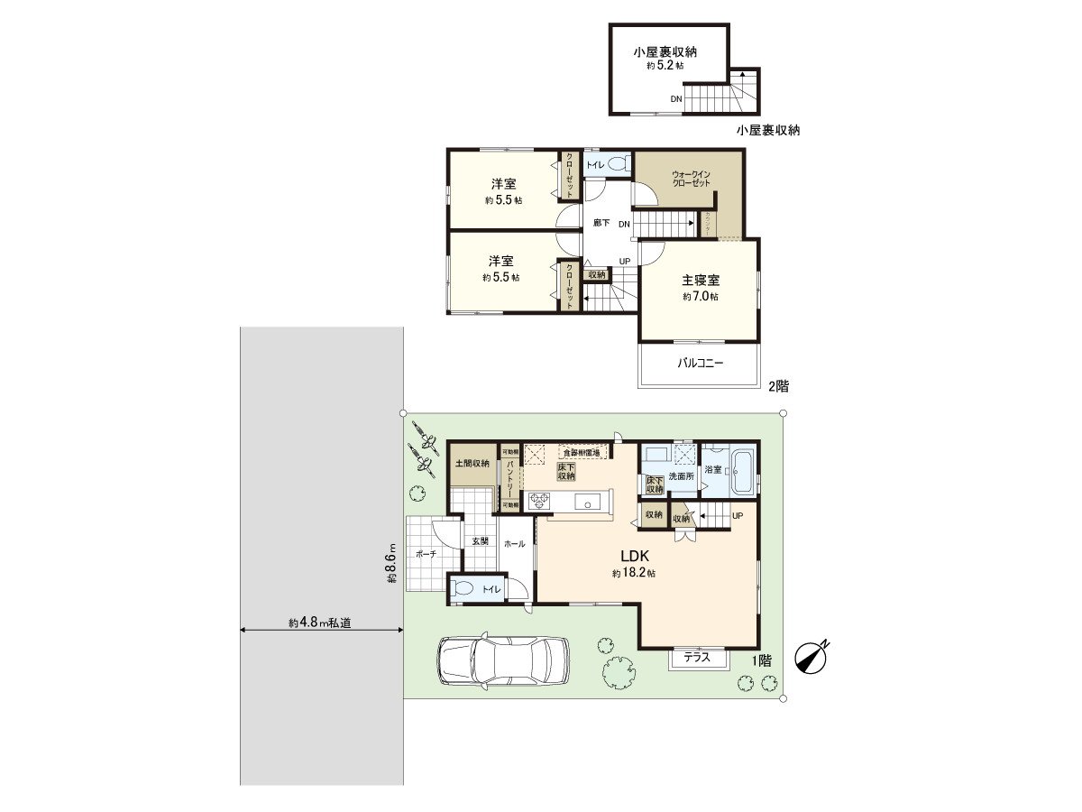 有豐富的存儲空間(全居室收納，餐具室，WIC，門口泥地收納，小房間背後收納)的3LDK