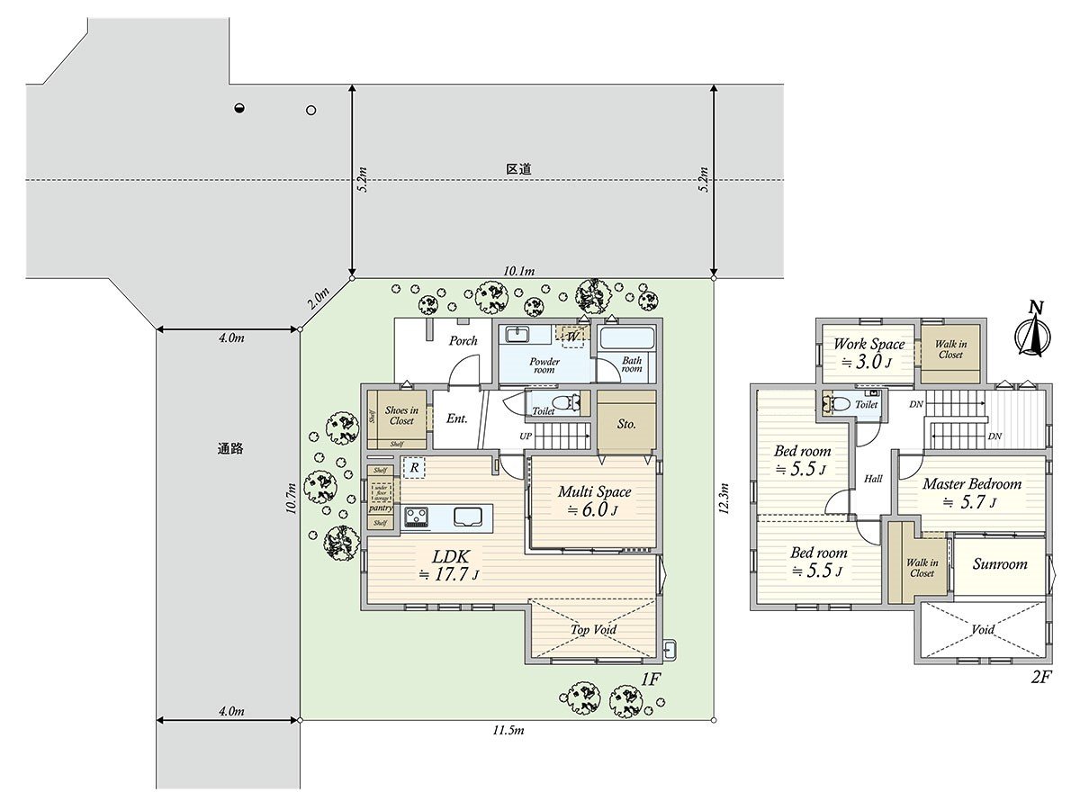 2楼的西式房间能形成隔开，配合孩子的成长，能改变房型。
