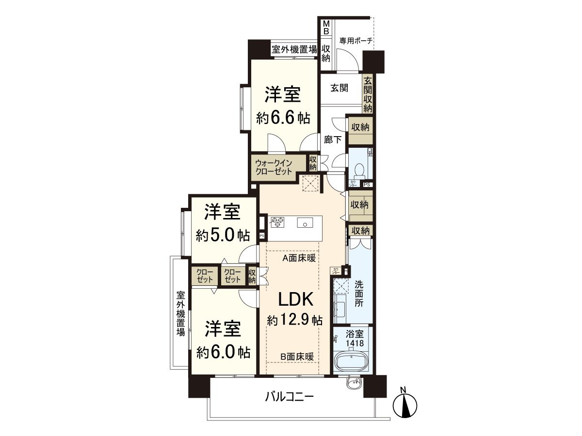 正對客餐廳部分設置地板暖氣。是在各居室有收納的家庭型的房型。