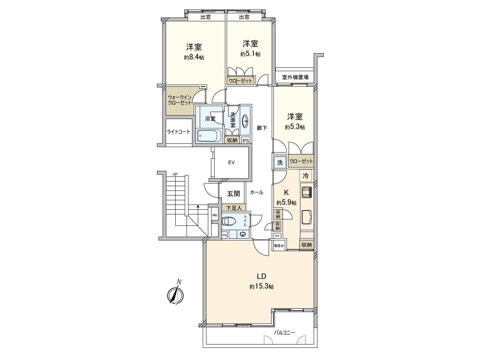 [平面圖]為有約96平方公尺的舒適的3LDK朝南，陽光、通風良好的約21張塌塌米約8.4張塌塌米寬敞的LDK的主卧室有嵌入式衣櫃