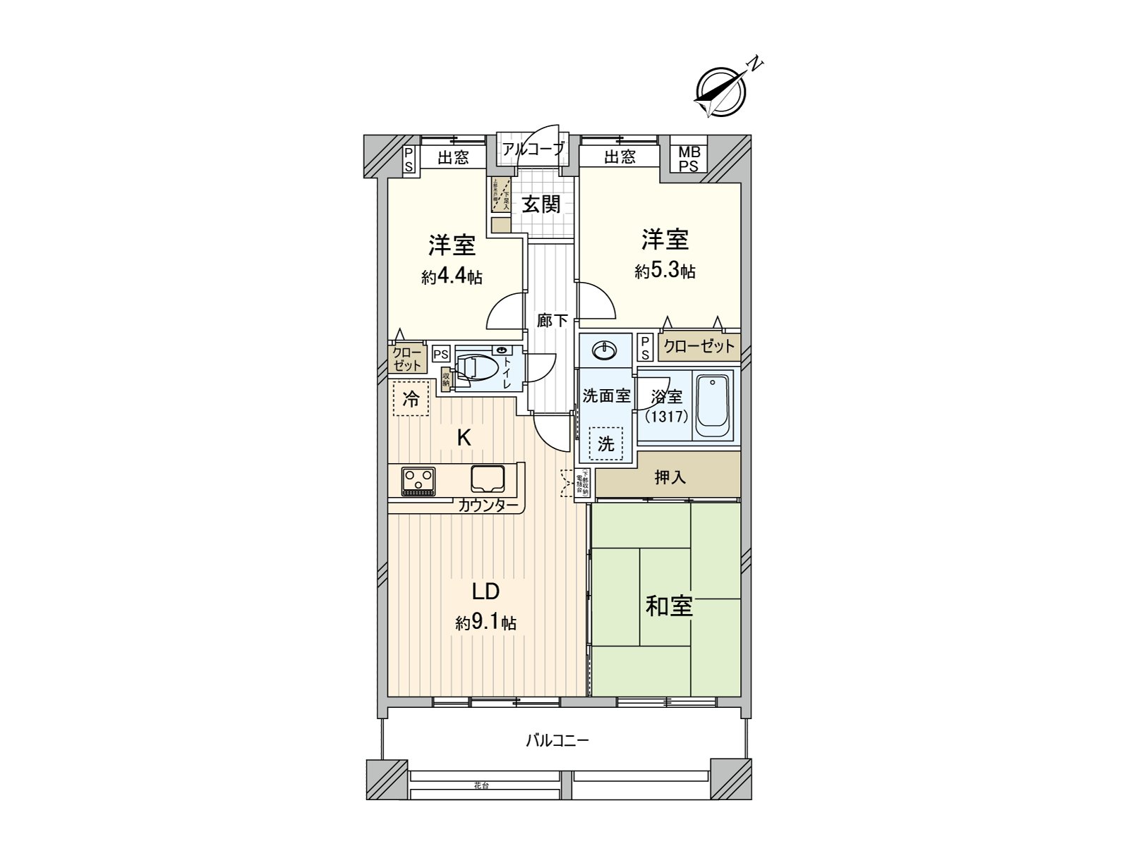 [平面圖]私人使用面積61.29平方公尺。是容易使用的3LDK的房型。