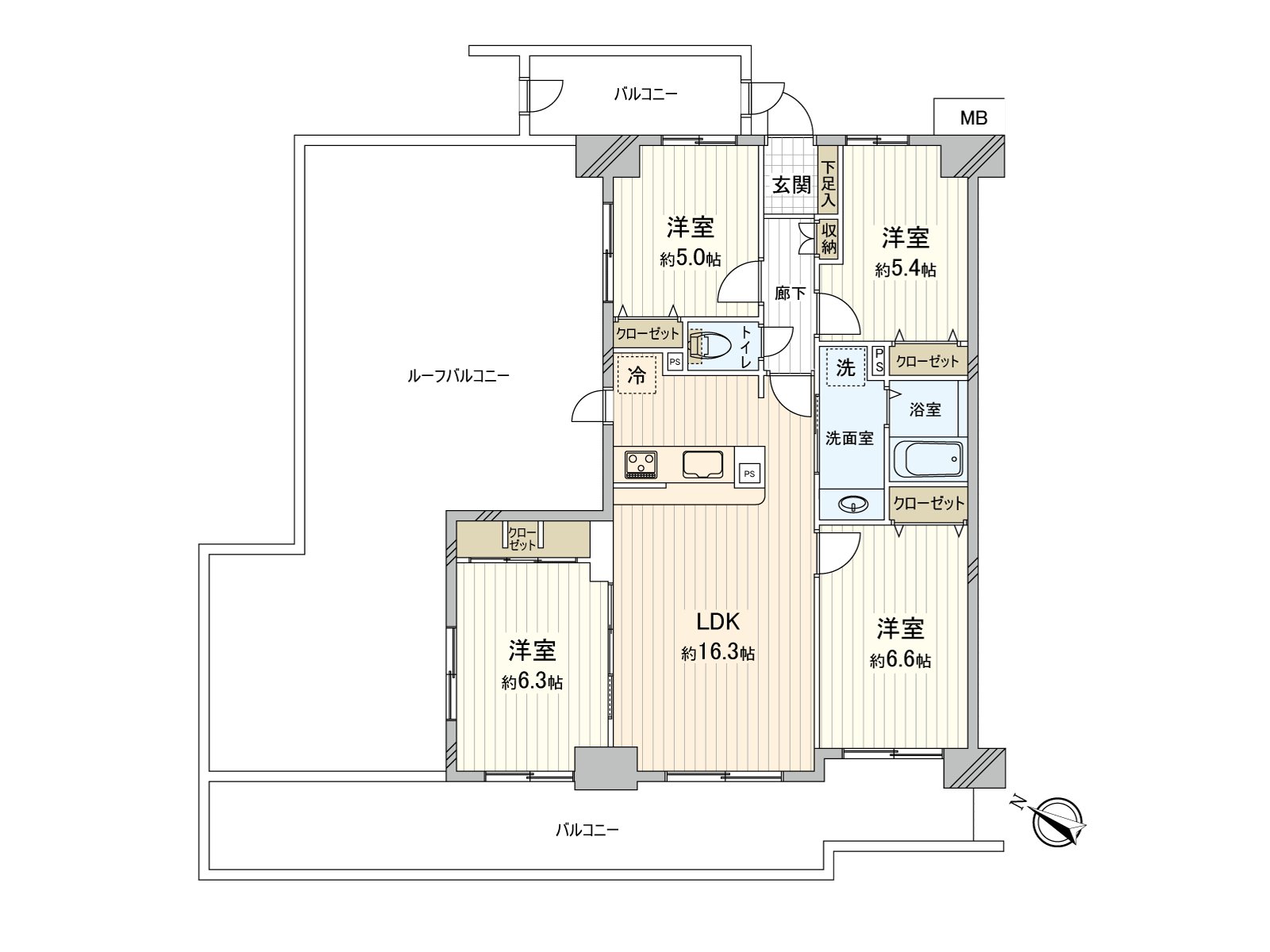為西南×西北採光房作為光照良好度的4LDK。是全居室收納有和好用的房型。