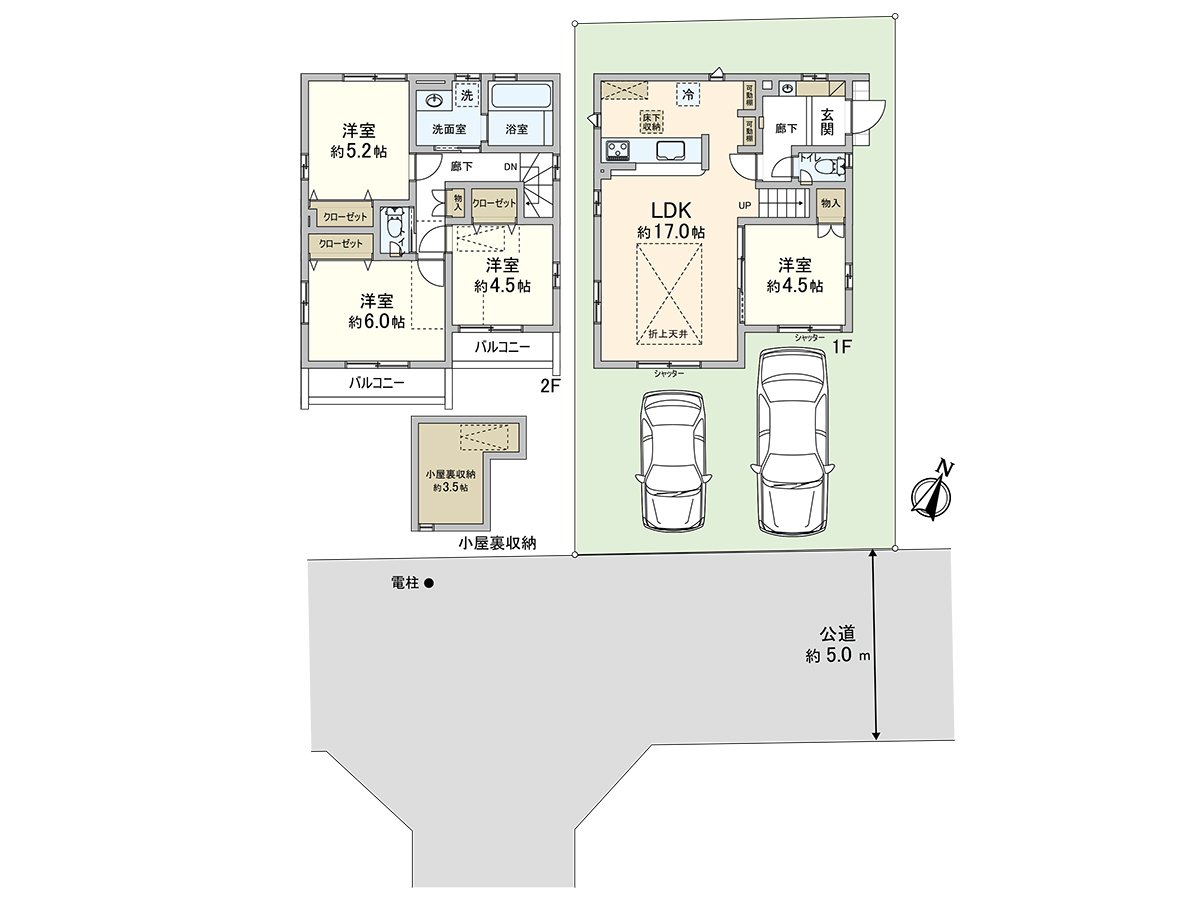 有4LDK以及2台停车场份的房型。而且，小房间背后收纳或者地板下边收纳等的便利性正设有优秀的收纳。