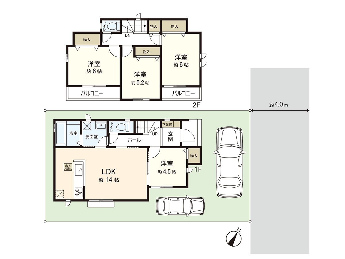 在拥有汽车空间2台分(出自车型的)的清静的住宅区建起来的4LDK。