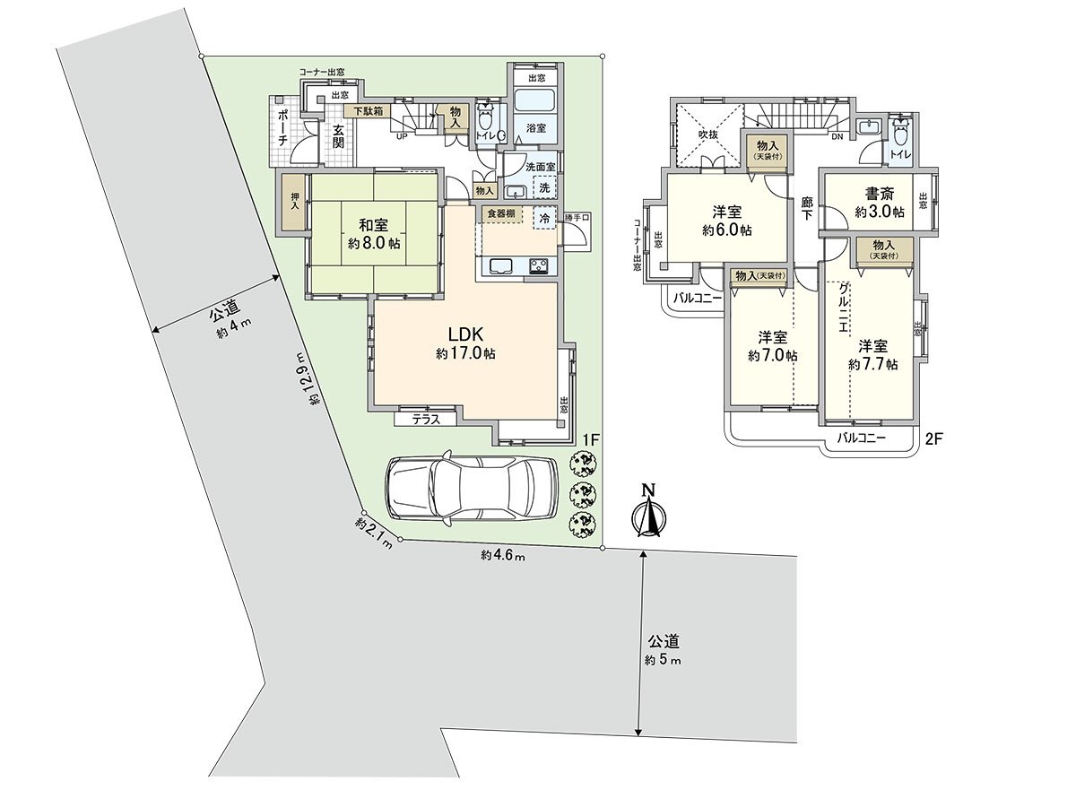 +汽车空间的舒适在4LDK+书斋是某一个房型。是有上演明亮的通顶设计以及3面采光的拥有亮的LDK的开放感觉的设计。