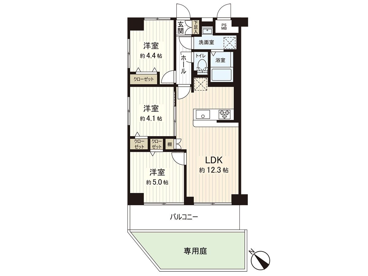 私人使用面積58.80平方公尺(約17.78坪)/陽台面積8.33平方公尺/專用的院子14.74平方公尺