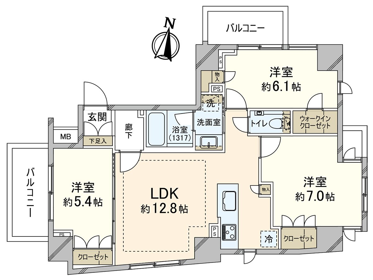 一个一层的3方向房间！风景、日光好的是魅力的3LDK的房间。
