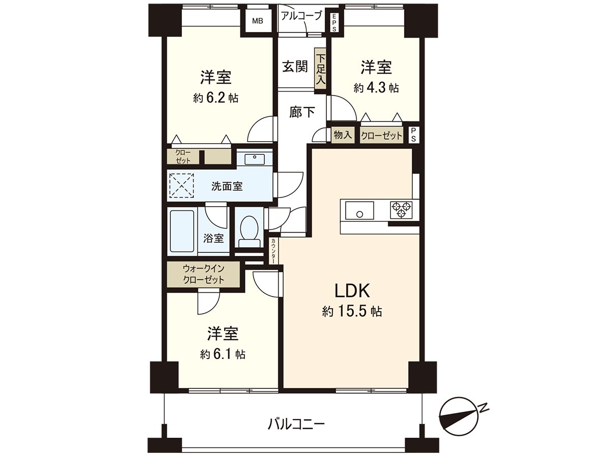 The Square type living which is easy to do furniture placement. A family is nature and area to gather. In the living space with the feeling brightly open in an opening facing the terrace.