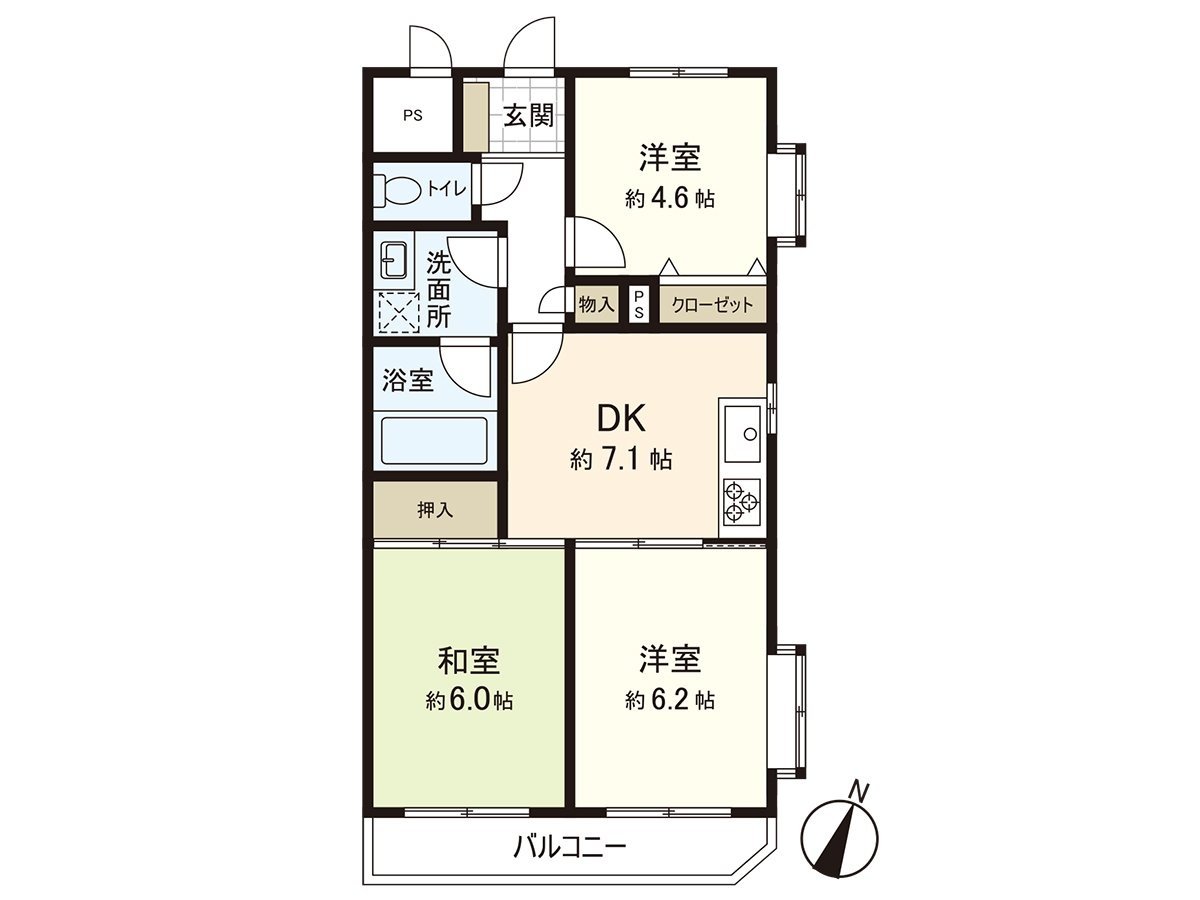 是实际使用面积55平米(约16.63坪)的3DK。是面向好用的家庭的房型。