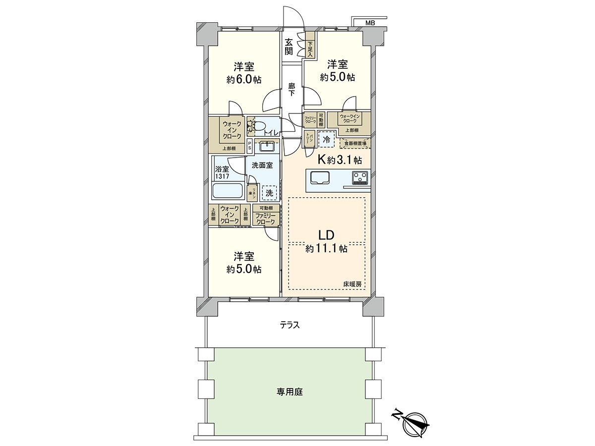 收纳丰富的3LDK的房型。
