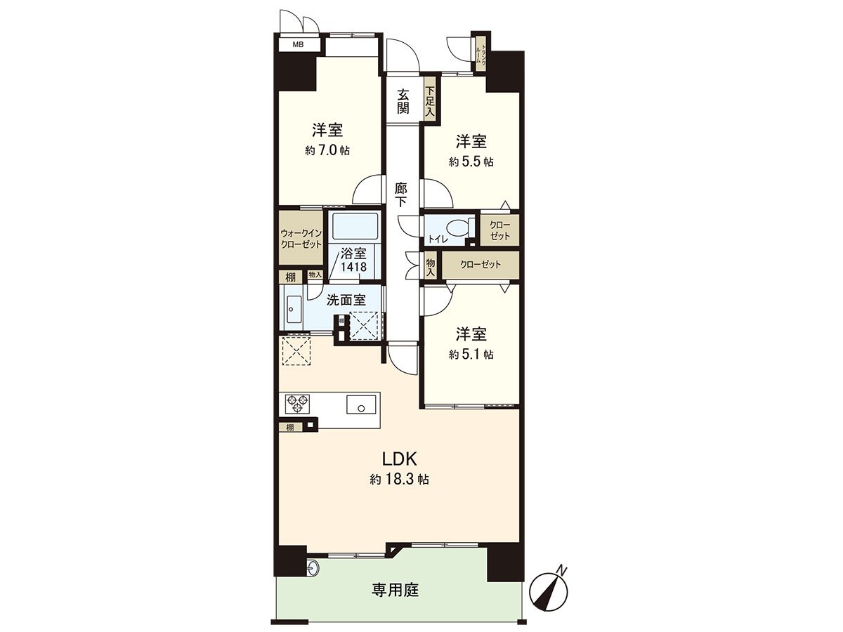 3LDK of 81.46 square meters of exclusive area (about 24.64 tsubo). With 19.2 square meters (about 5.80 tsubo) of exclusive gardens.