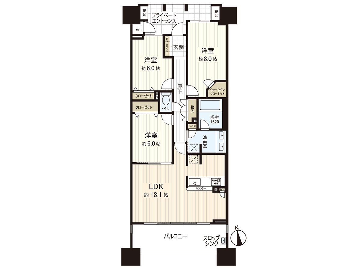 3LDK of 86.64 square meters of exclusive area (about 26.20 tsubo).